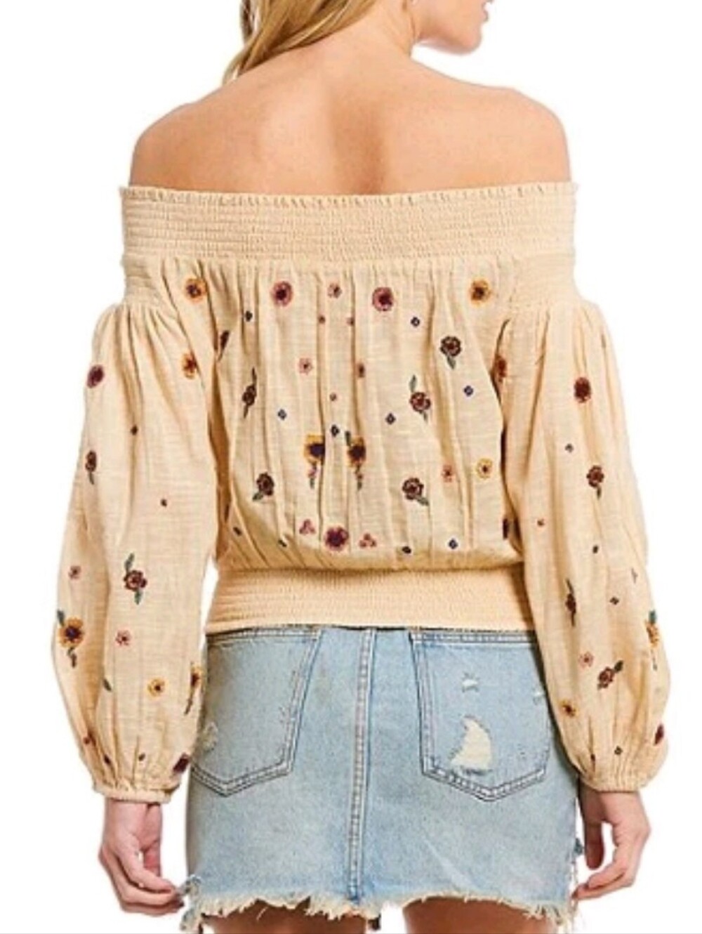 Free People Saachi Smocked Off Shoulder Embroidered Boho Top S - Picture 9 of 9